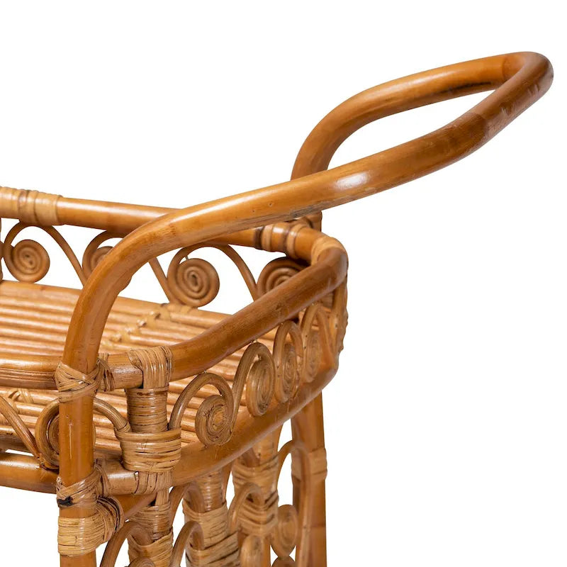 Küchenwagen aus Naturrattan mit zwei Ablagen und Rollen