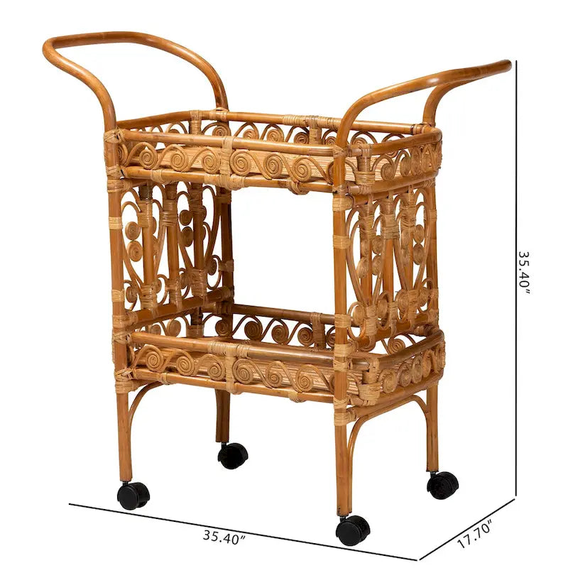 Küchenwagen aus Naturrattan mit zwei Ablagen und Rollen