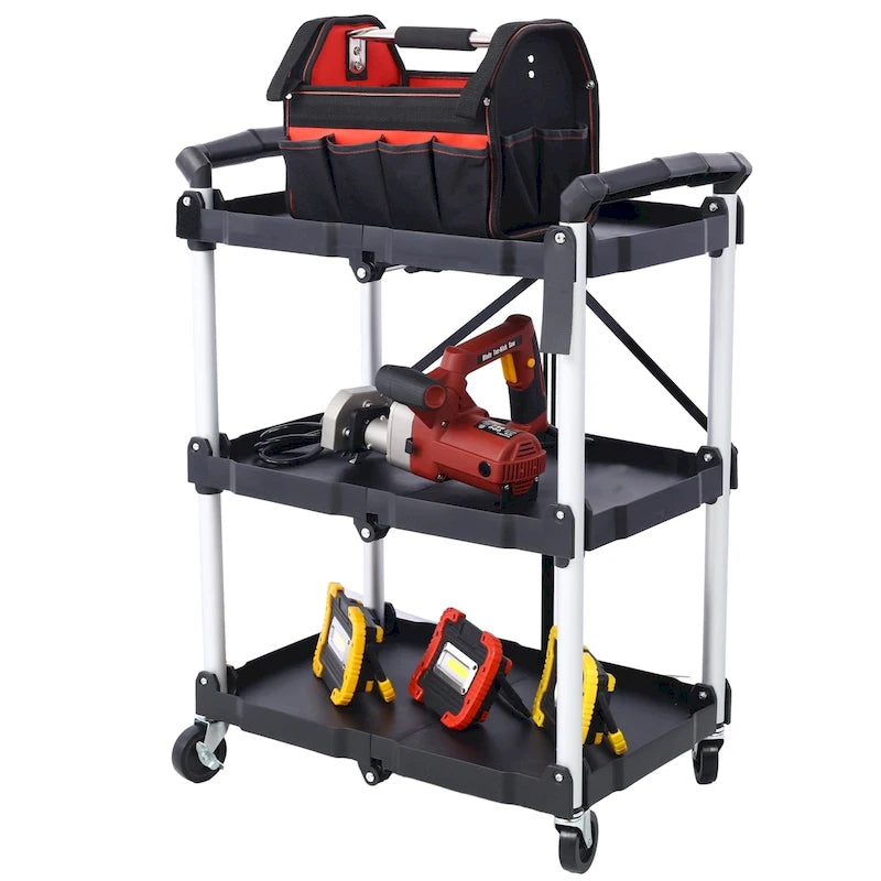 3-stufiger klappbarer Servierwagen, 22,7 kg Tragfähigkeit pro Ablage – 65L x 39B x 83H cm