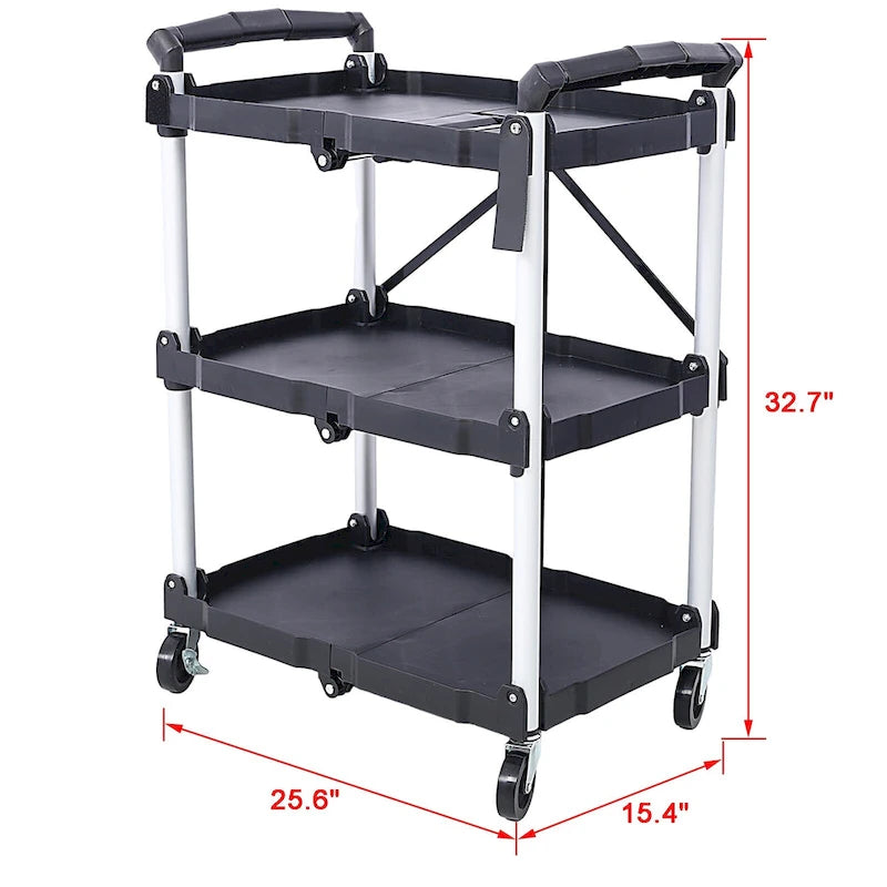 3-stufiger klappbarer Servierwagen, 22,7 kg Tragfähigkeit pro Ablage – 65L x 39B x 83H cm