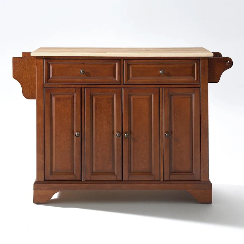 Kücheninsel mit Kirschholz-Finish, Arbeitsplatte aus Naturholz, Schrank und Gewürzregal