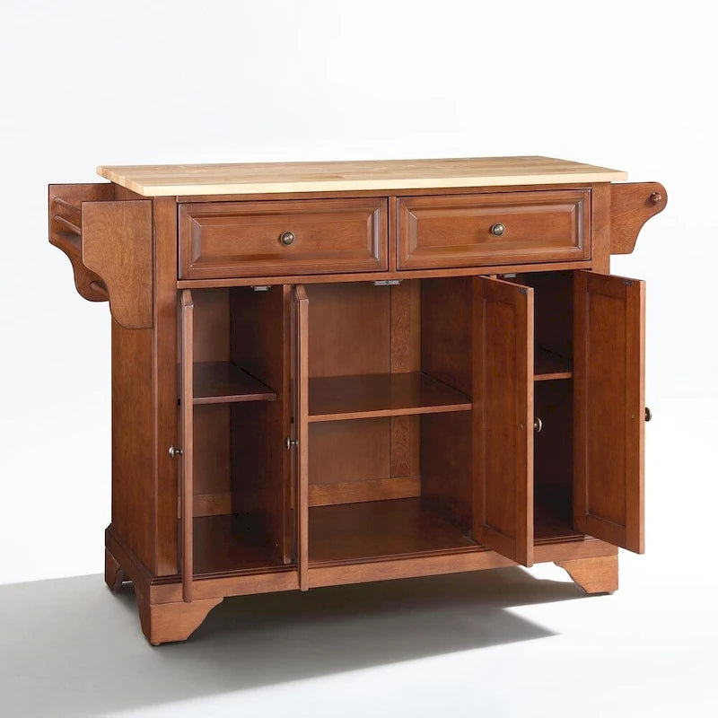 Kücheninsel mit Kirschholz-Finish, Arbeitsplatte aus Naturholz, Schrank und Gewürzregal