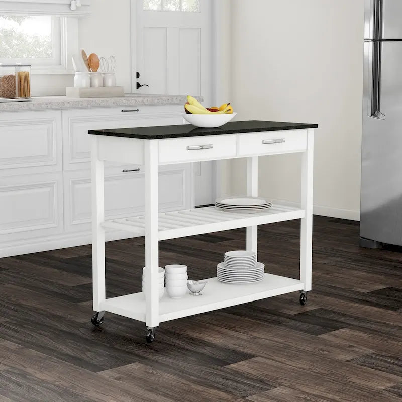 Crosley Solid Black Granite Top Kitchen Cart/ Island With Optional Stool Storage in White Finish - 17d x 43w x 35h