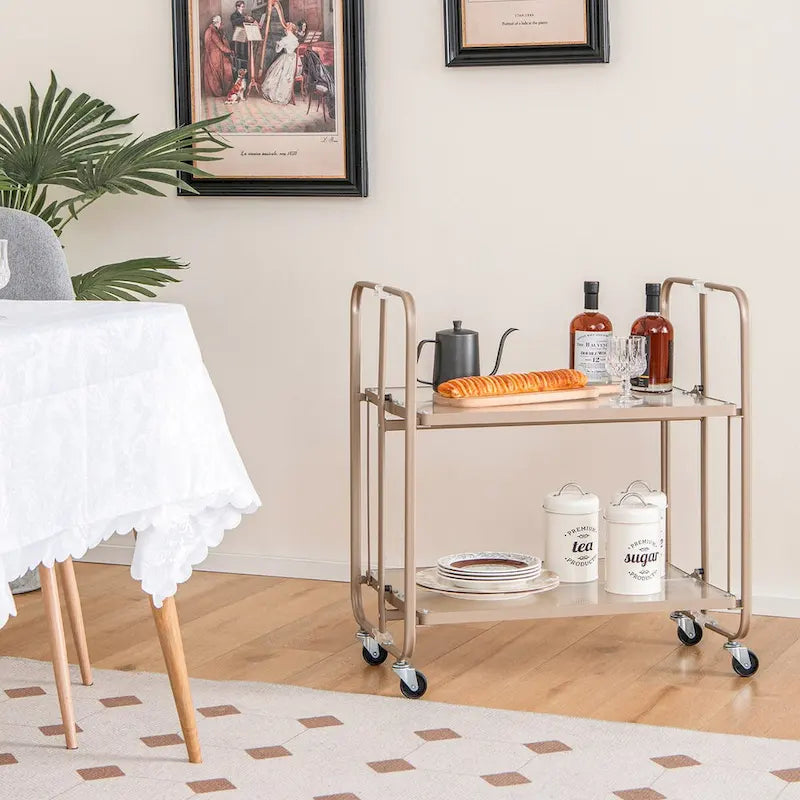2-stöckiger mobiler Servierwagen mit Ablage aus gehärtetem Glas-Goldfarben – 66 x 40,5 x 72,5 cm