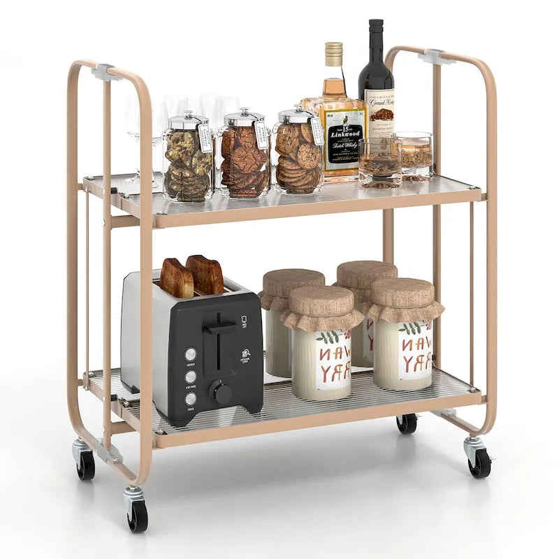 2-stöckiger mobiler Servierwagen mit Ablage aus gehärtetem Glas-Goldfarben – 66 x 40,5 x 72,5 cm