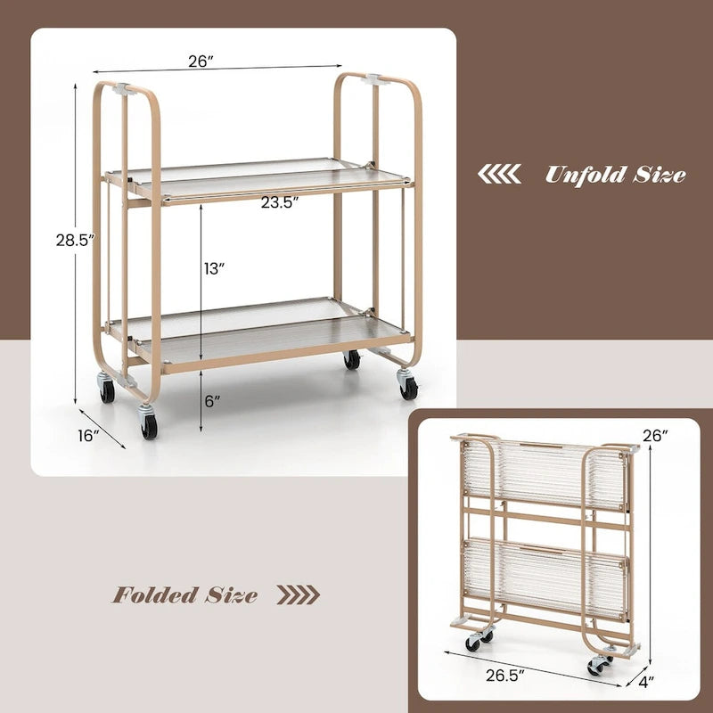 2-stöckiger mobiler Servierwagen mit Ablage aus gehärtetem Glas-Goldfarben – 66 x 40,5 x 72,5 cm