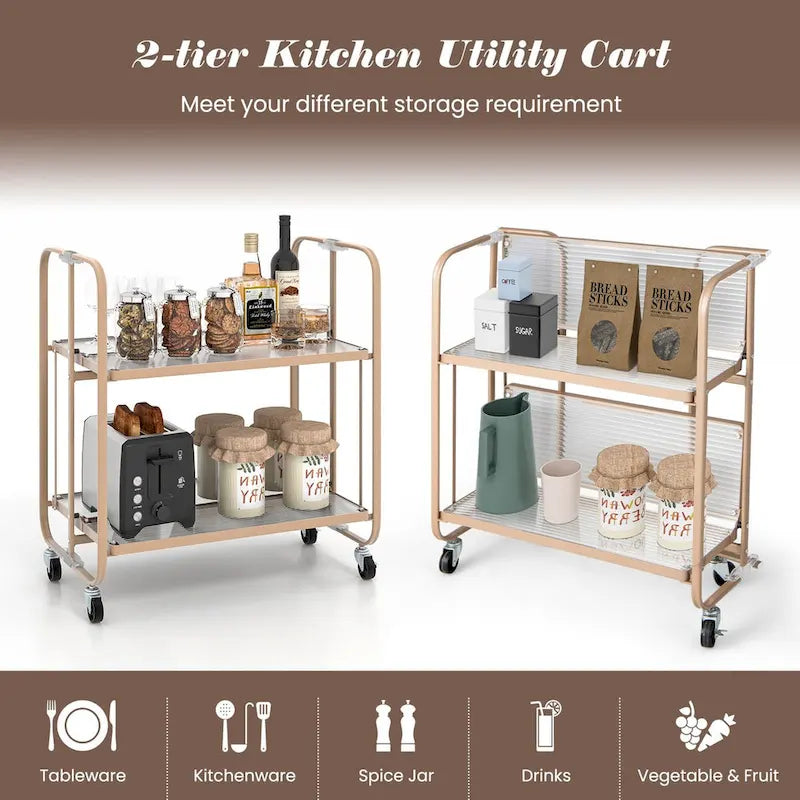 2-stöckiger mobiler Servierwagen mit Ablage aus gehärtetem Glas-Goldfarben – 66 x 40,5 x 72,5 cm