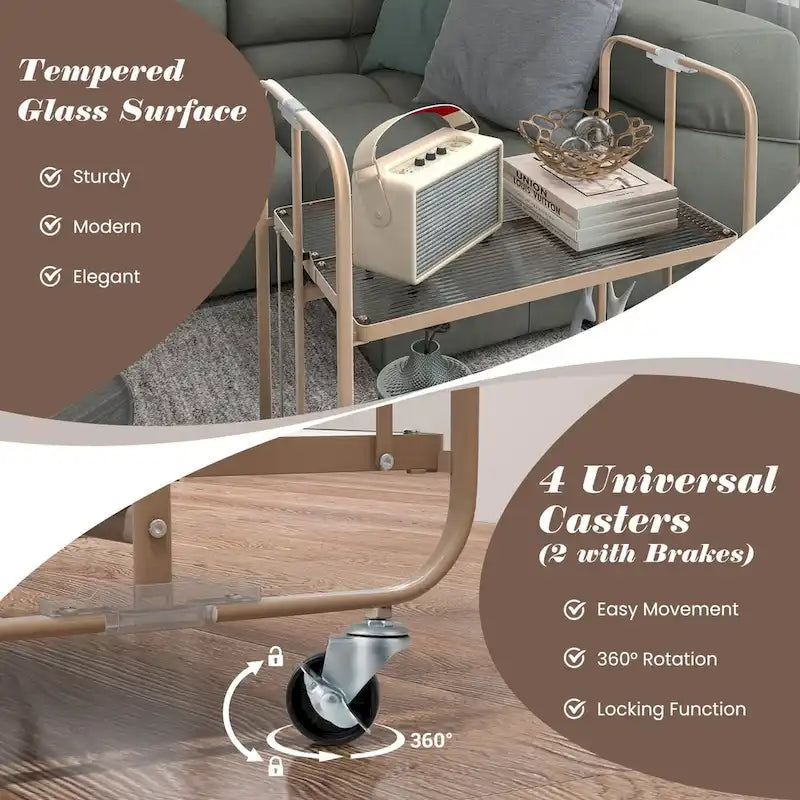 2-stöckiger mobiler Servierwagen mit Ablage aus gehärtetem Glas-Goldfarben – 66 x 40,5 x 72,5 cm