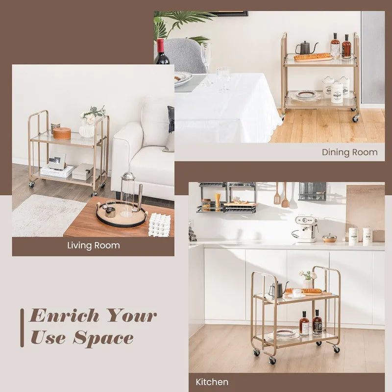 2-stöckiger mobiler Servierwagen mit Ablage aus gehärtetem Glas-Goldfarben – 66 x 40,5 x 72,5 cm
