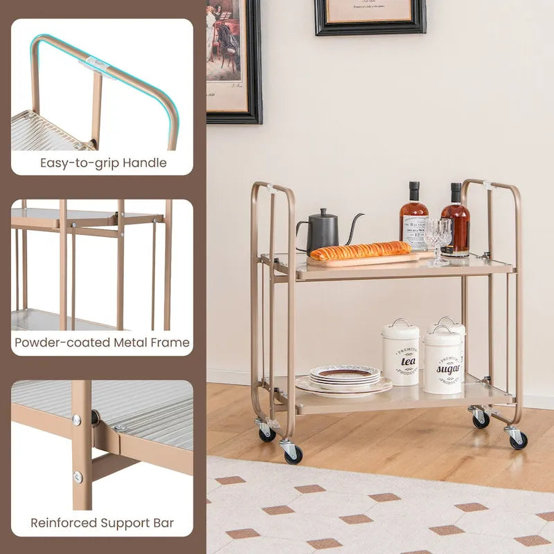 2-stöckiger mobiler Servierwagen mit Ablage aus gehärtetem Glas-Goldfarben – 66 x 40,5 x 72,5 cm