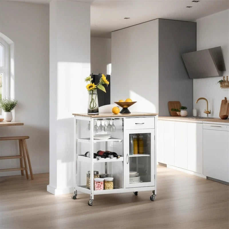 Rollbare Kücheninsel aus Holz mit Stauraum und Glashalterung