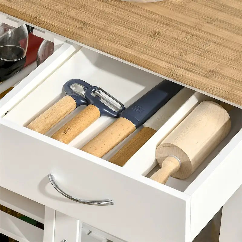 Rollbare Kücheninsel aus Holz mit Stauraum und Glashalterung