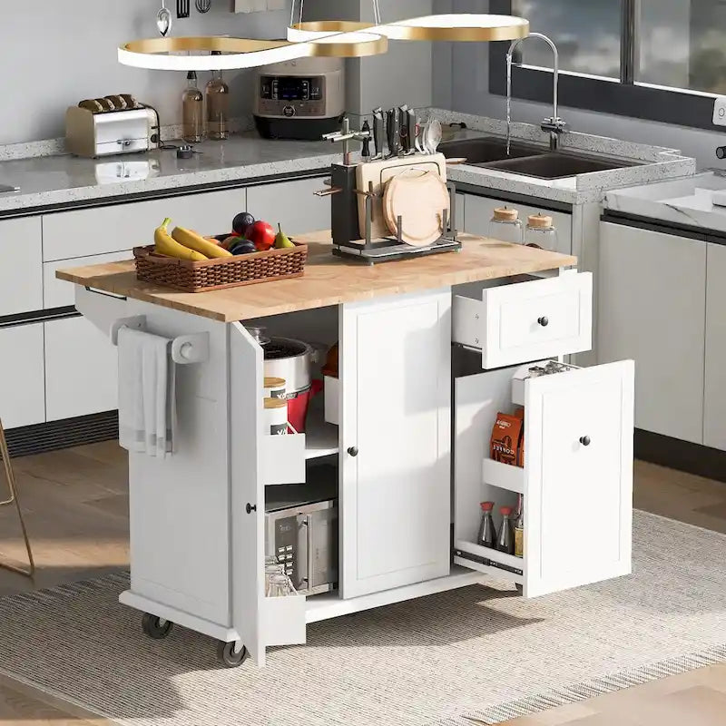 53.9 Width Rolling Kitchen Island with Drop Leaf and 3 Tier Pull Out Cabinet