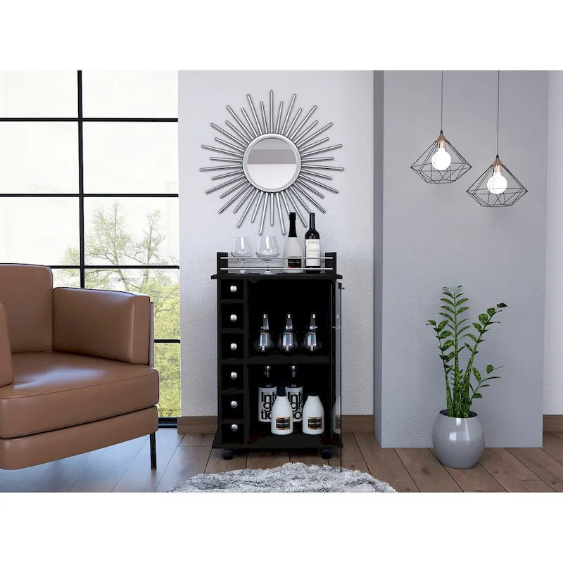 Weißer Barwagen mit Weinregal für 6 Flaschen, Schrank und feststellbaren Rollen