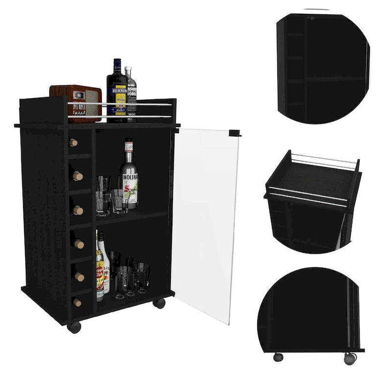 Weißer Barwagen mit Weinregal für 6 Flaschen, Schrank und feststellbaren Rollen