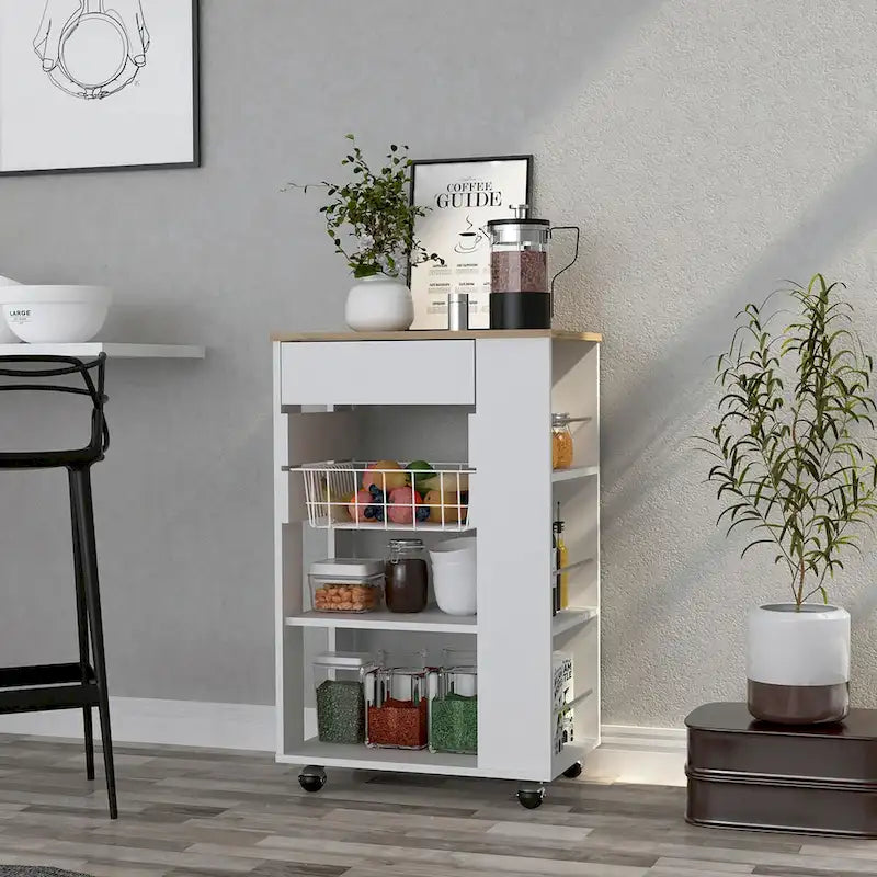 Küchenwagen für Küche, Esszimmer, Wohnzimmer, Weiß / Helle Eiche