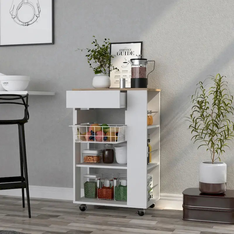 Küchenwagen für Küche, Esszimmer, Wohnzimmer, Weiß / Helle Eiche