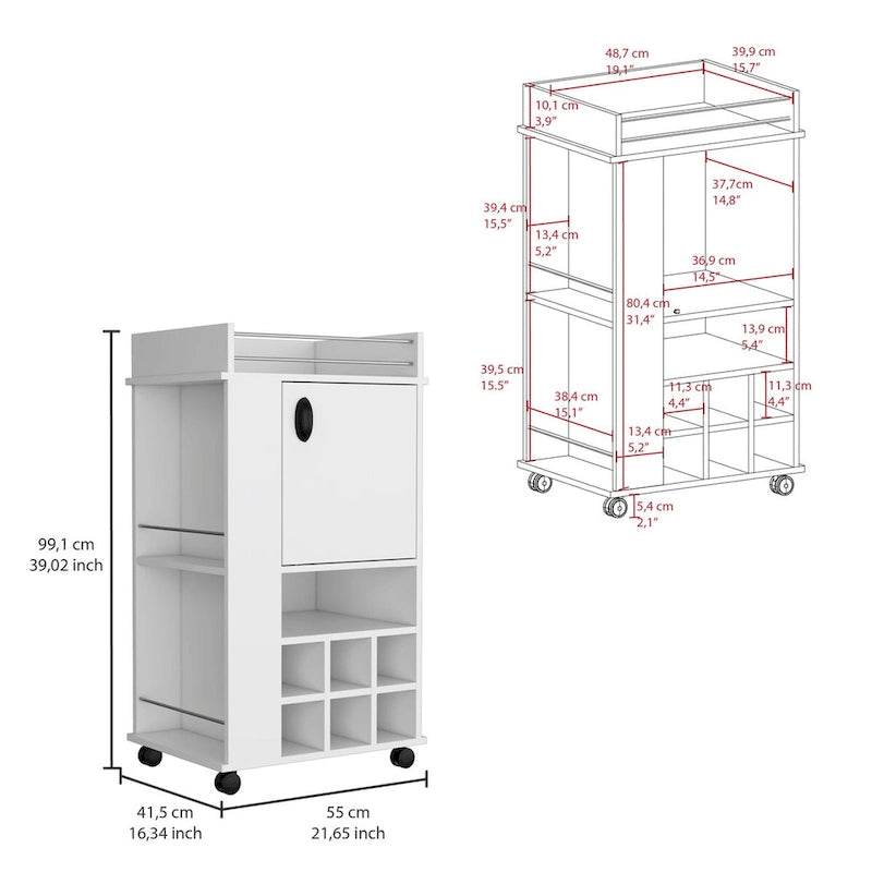 Servierwagen mit Schrank, 6 integrierten Weinregalen und Rollen