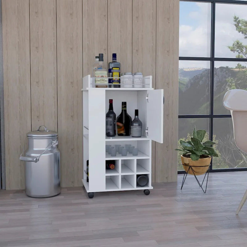Servierwagen mit Schrank, 6 integrierten Weinregalen und Rollen