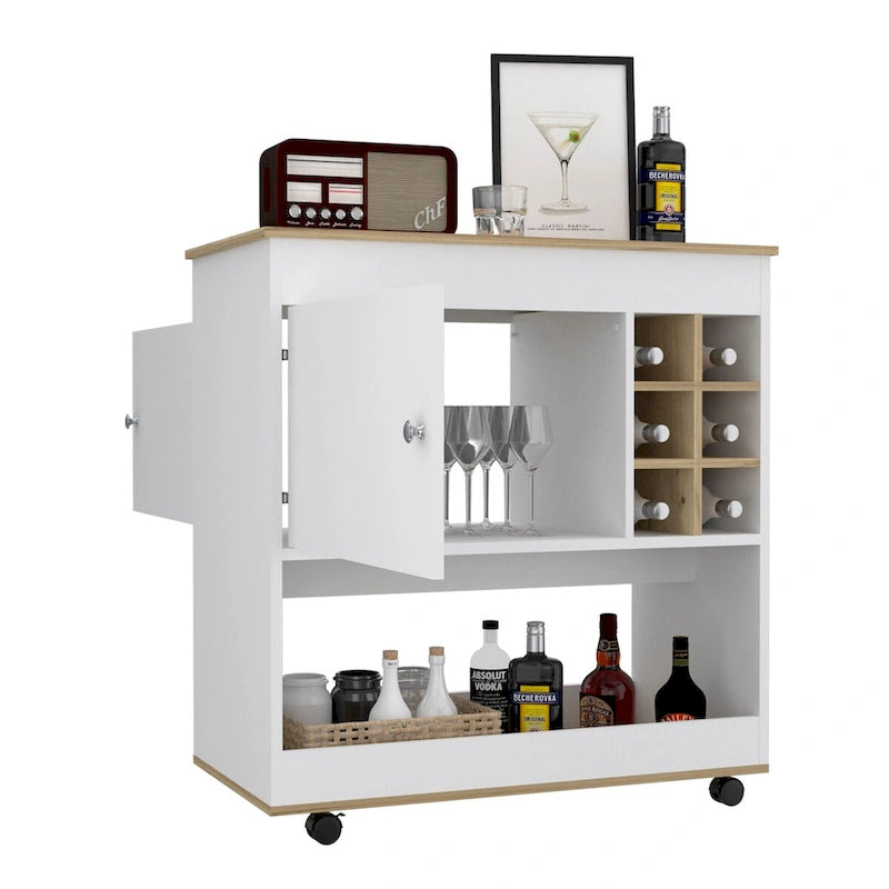 Servierwagen mit sechs Flaschenfächern, einem Schrank und feststellbaren Rollen