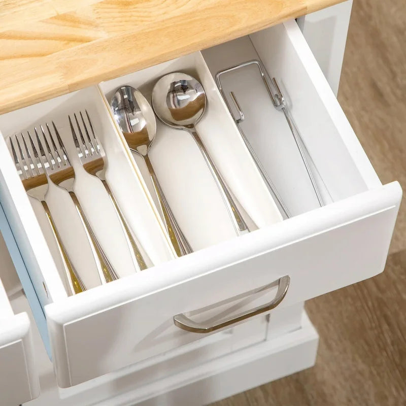 Kücheninsel mit Lagerschrank, zweistufiger Kautschukholzplatte, verstellbaren Einlegeböden und Schubladen