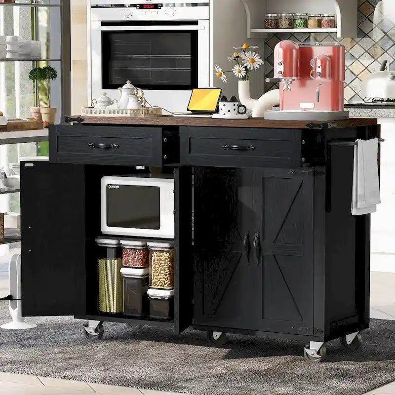 53.5 Farmhouse Kitchen Island Cart with Power Outlet, Drop Leaf, Spice Rack, and 2 Drawers, 5 Wheels