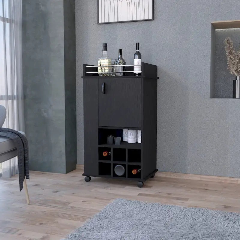 Schwarzer Servierwagen mit Weinregal, Schrank und Rollen
