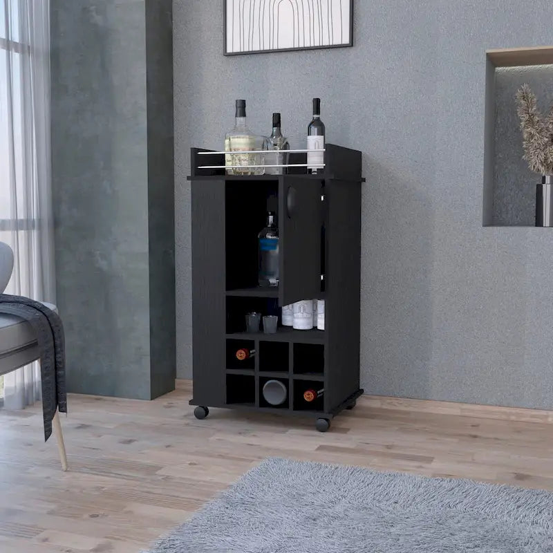 Schwarzer Servierwagen mit Weinregal, Schrank und Rollen