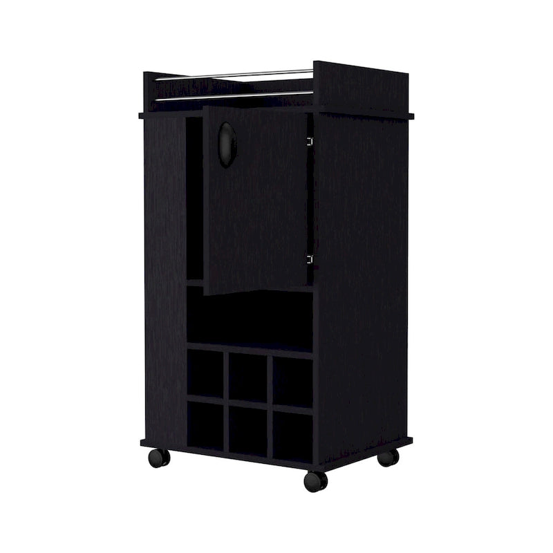 Schwarzer Servierwagen mit Weinregal, Schrank und Rollen