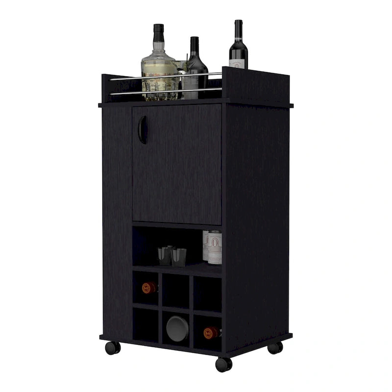 Schwarzer Servierwagen mit Weinregal, Schrank und Rollen