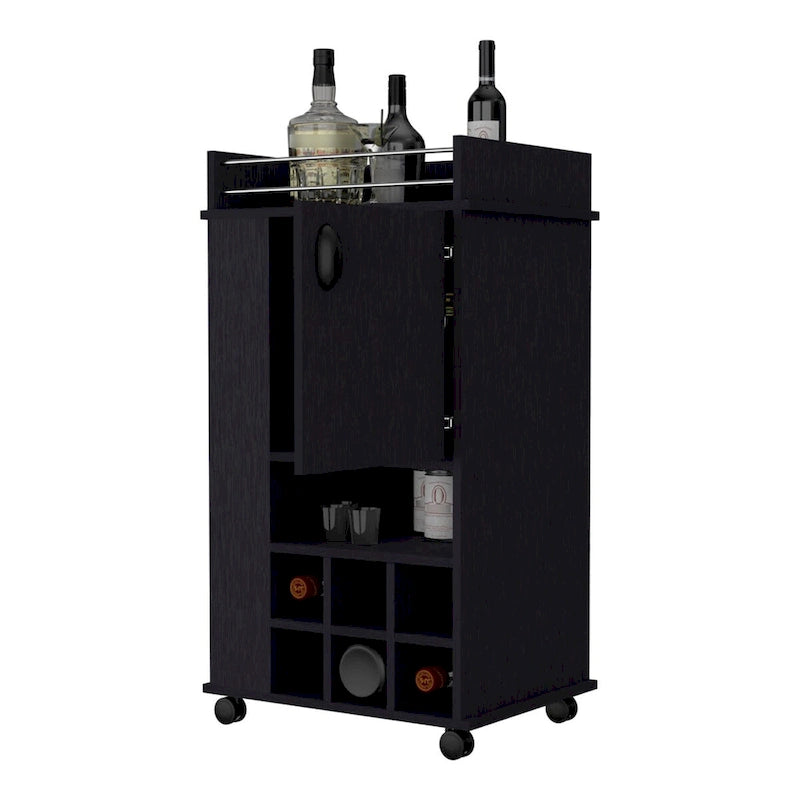 Schwarzer Servierwagen mit Weinregal, Schrank und Rollen