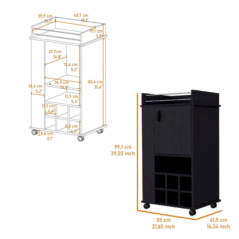 Schwarzer Servierwagen mit Weinregal, Schrank und Rollen