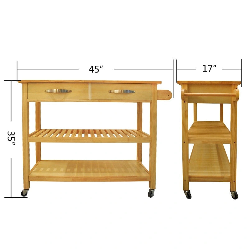 Simple Design Kitchen Island&Cart ,Double Display Shelves and 2 Drawer with Wood Top