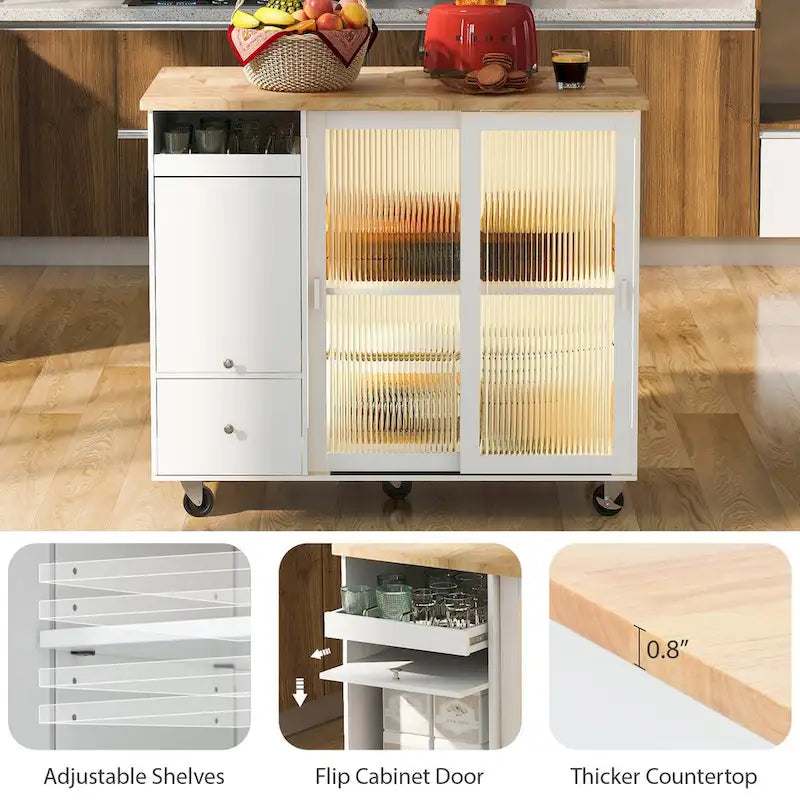 Kücheninselwagen mit ausklappbarer Arbeitsplatte, LED-Beleuchtung, Türen aus Riffelglas, verstellbarem Regal und zwei Schubladen