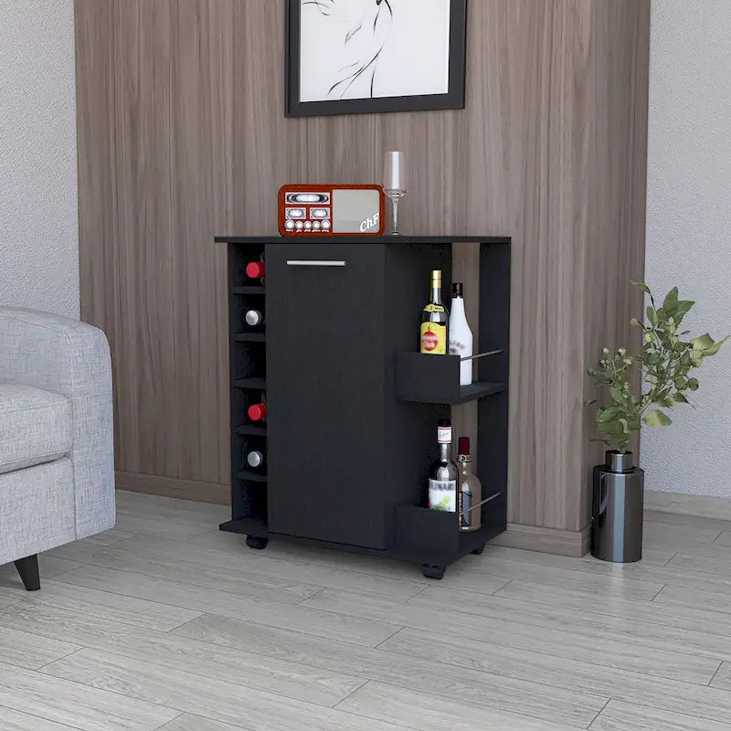 Schwarzer Barwagen mit Weinregal, Einzeltürenschrank und Rollen