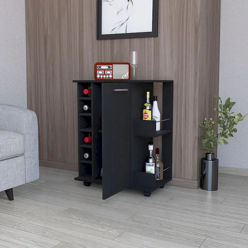 Schwarzer Barwagen mit Weinregal, Einzeltürenschrank und Rollen