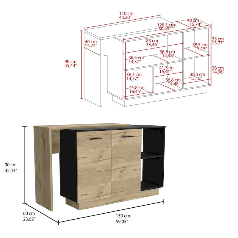 Kücheninsel für Küche, Esszimmer, Schwarz / Helle Eiche