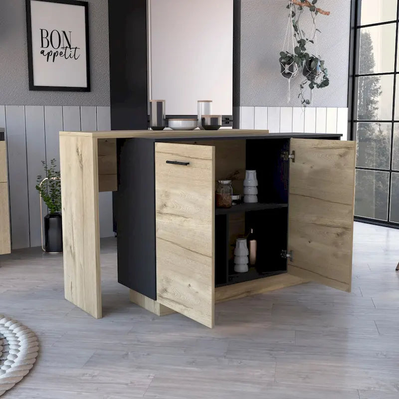 Kücheninsel für Küche, Esszimmer, Schwarz / Helle Eiche