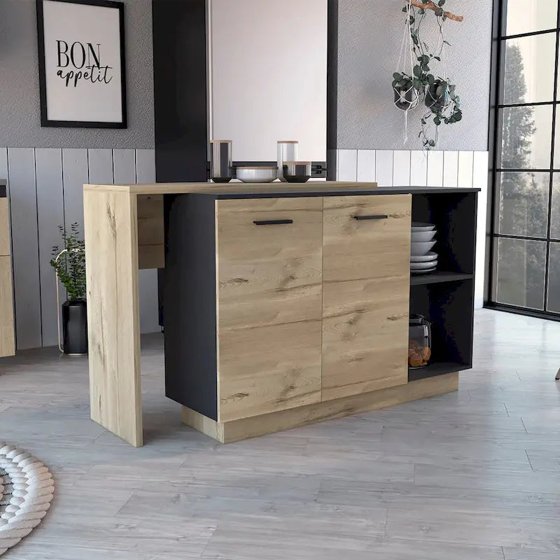 Kücheninsel für Küche, Esszimmer, Schwarz / Helle Eiche