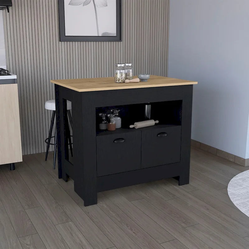 Kücheninsel mit zweitürigem Schrank und Regal für das Esszimmer.
