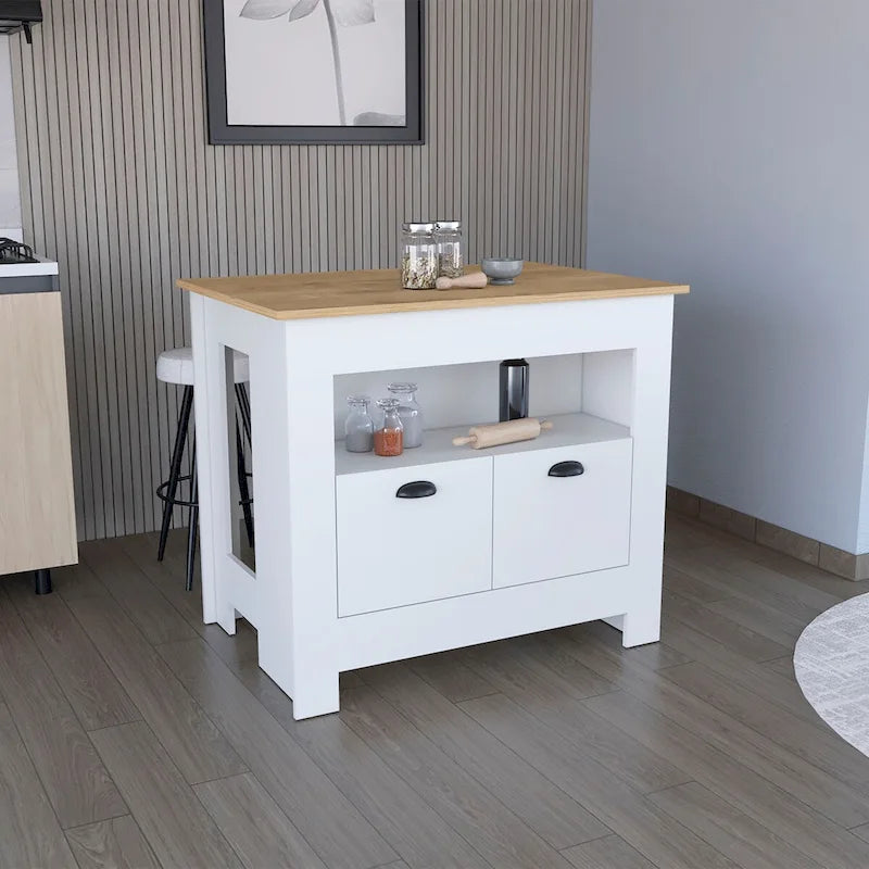 Kücheninsel mit zweitürigem Schrank und Regal für das Esszimmer.