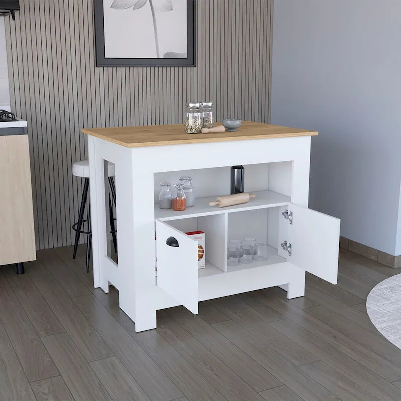 Kücheninsel mit zweitürigem Schrank und Regal für das Esszimmer.