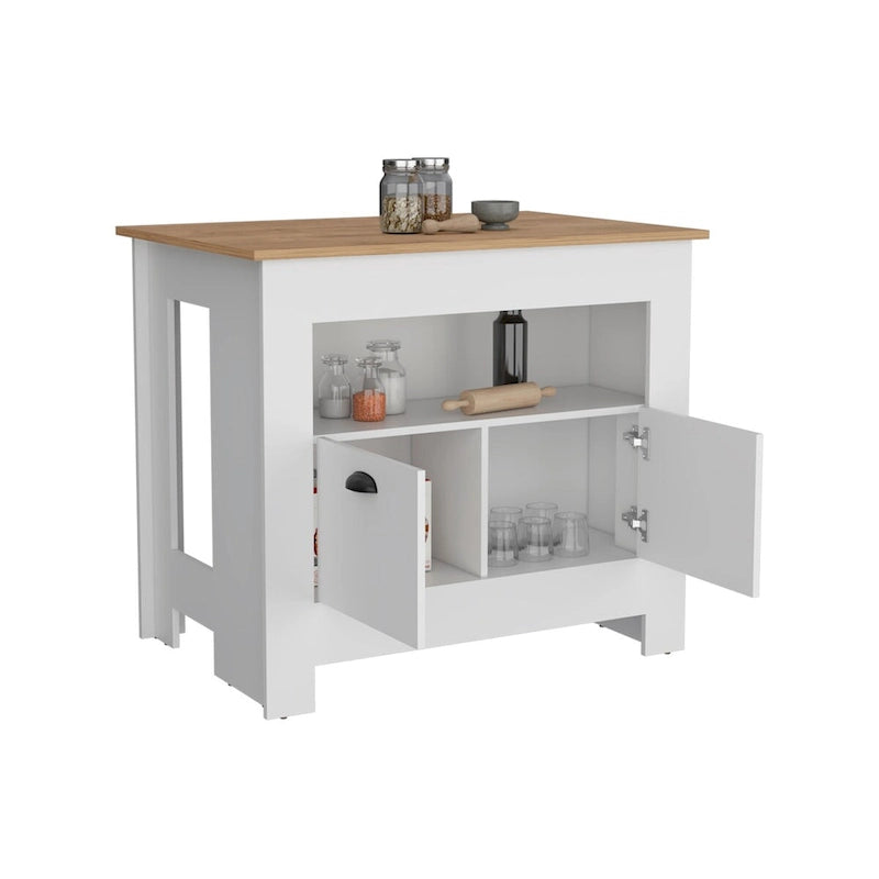 Kücheninsel mit zweitürigem Schrank und Regal für das Esszimmer.