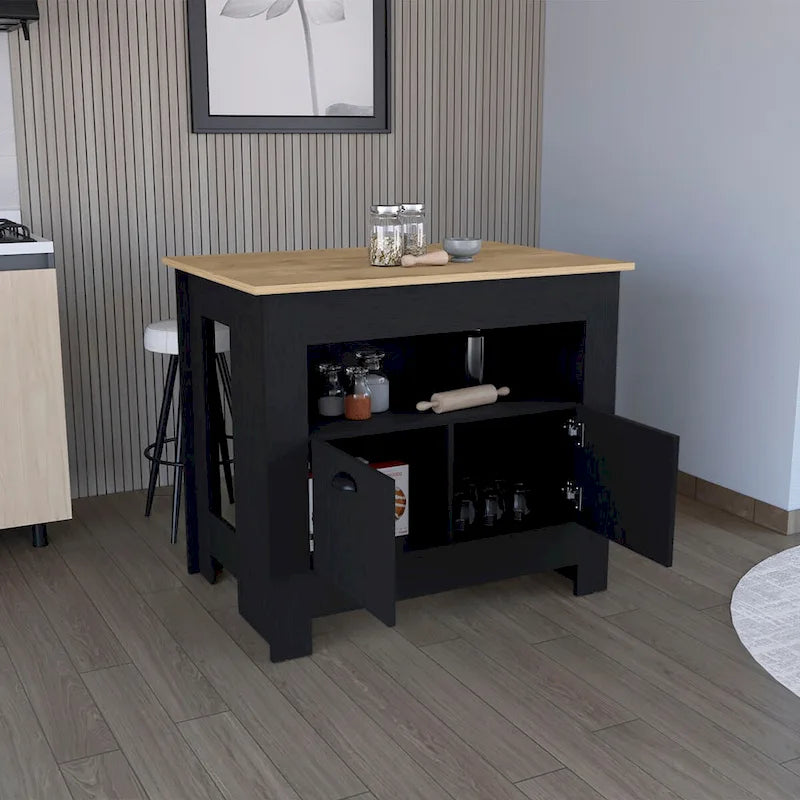 Kücheninsel mit zweitürigem Schrank und Regal für das Esszimmer.
