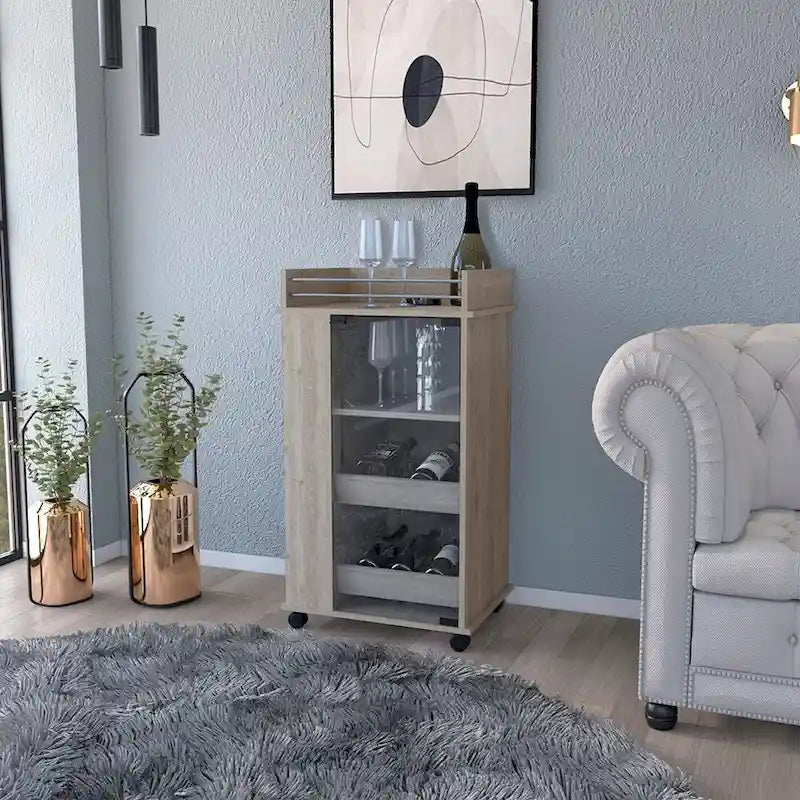 Bar Cart with Casters Reese, Six Wine Cubbies and Single Door for Kitchen, Party and Living Room