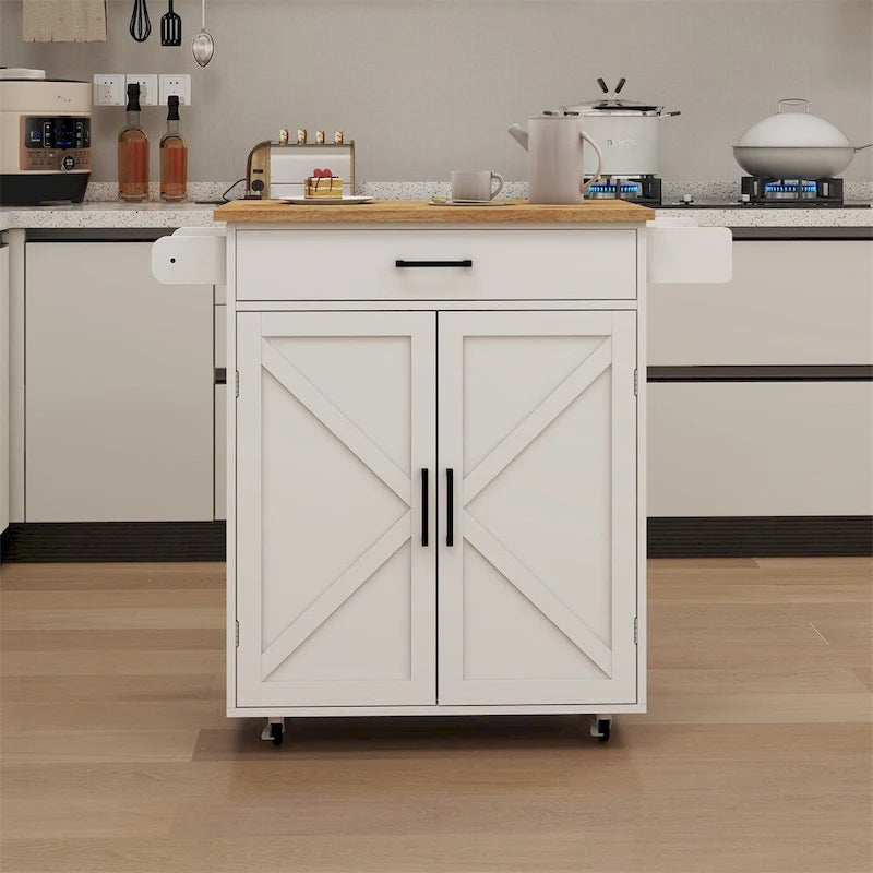 Kücheninsel-Servierwagen auf Rollen mit verstellbaren Einlegeböden, Holztischplatte
