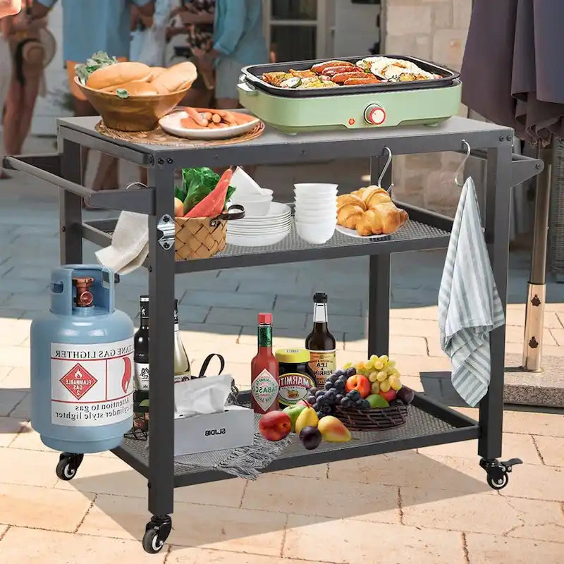 3-stöckiger Grilltisch für den Außenbereich mit Rollen und Werkzeughaken