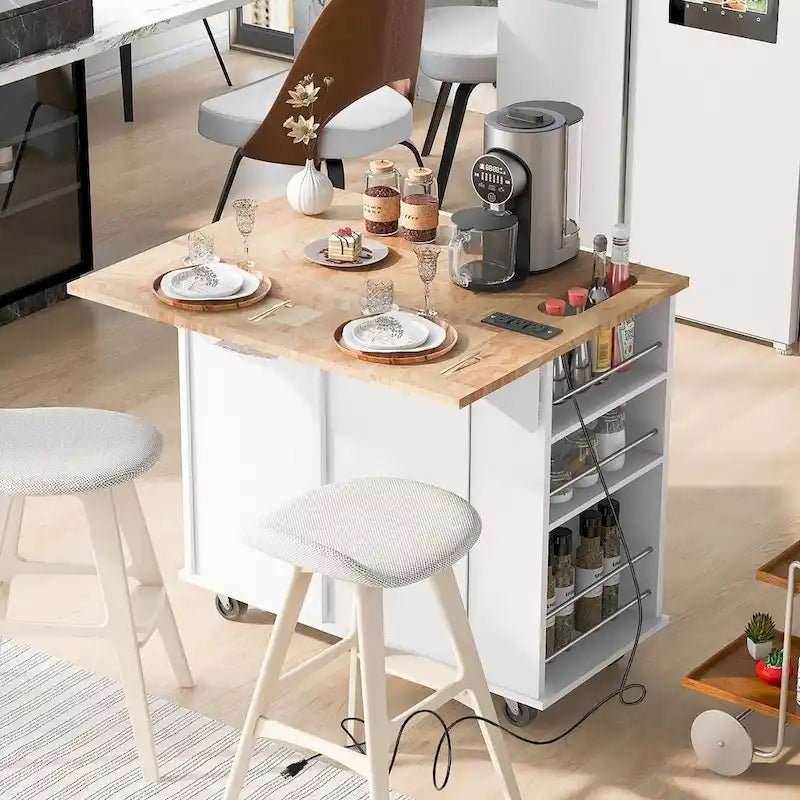 Kücheninselwagen mit Rollen, Steckdose, Klappplatte, Weinregal