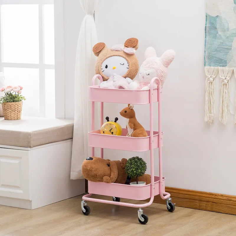Pinkfarbener 3-stöckiger Metallwagen Aufbewahrungsregale Organizer Rollwagen mit Rädern – 31*14*18