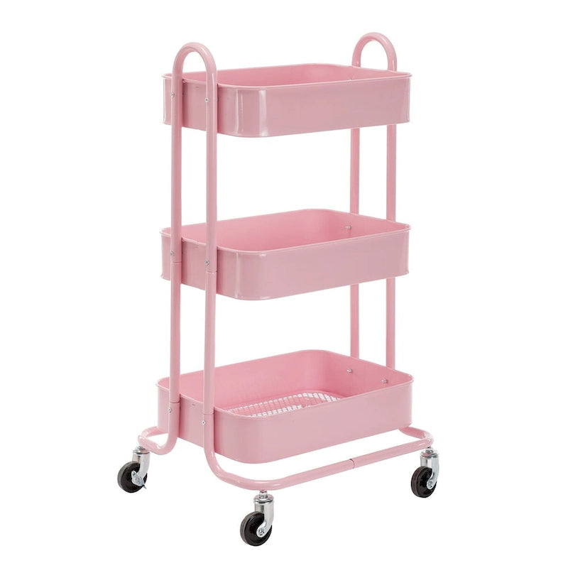 Pinkfarbener 3-stöckiger Metallwagen Aufbewahrungsregale Organizer Rollwagen mit Rädern – 31*14*18